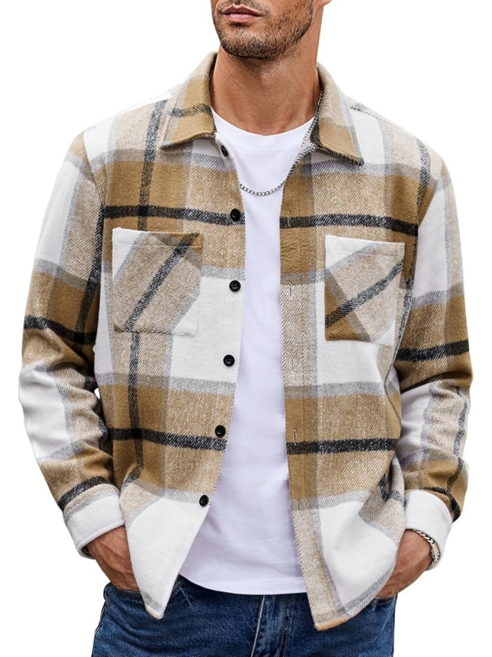 Men's Khaki Polyester Plaid Long Sleeve Casual Stylish Button Down Plaid Shirt